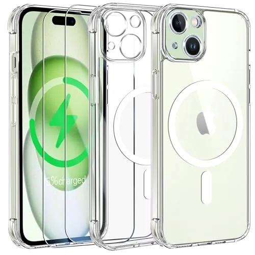 FLLAO Funda para iPhone 15, Compatible MagSafe, con 2 Piezas Protector de Pantalla Cristal Templado, [Protección de Cámara] Magnética Carcasa Translúcida Mate Trasera Fina Antigolpes, Transparente