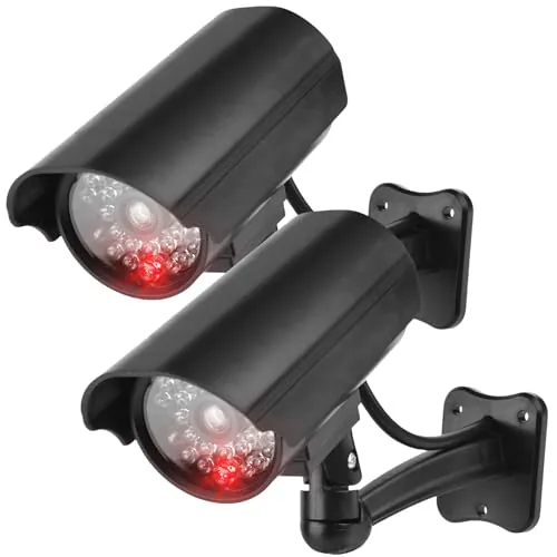 GOMETY - Juego de 2 cámaras falsas de seguridad con LED rojo intermitente, cámara simulada CCTV, seguridad para uso interior y exterior