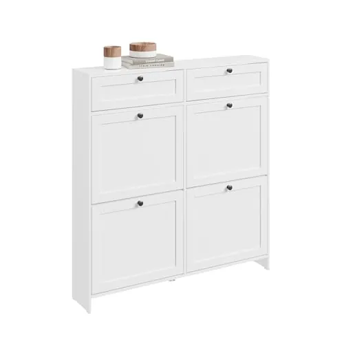 SoBuy Zapatero Entrada Recibidor, Mueble Zapatero Blanco Moderno para Entrada, con 2 Cajones y 4 Zapateros, Almacenaje para 12 Pares de Zapatos, Material MDF E1, 100 x 19 x 107cm, FSR208-W