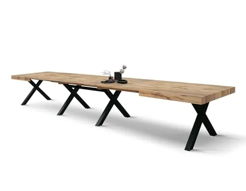 PAZZO Design Mesa Extensible Roberta, Roble rústico, melamina ennoblecida, Patas de MDF Negras en X, de 180 a 480 cm, Fabricada en Italia – ID_2005