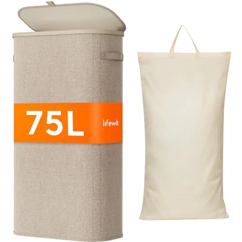 Lifewit Cesto Ropa Sucia, Cesta Ropa Plegable con Bolsa Extraíble y Asa, Cubo Ropa Sucia con Tapa, Laundry Basket para Dormitorio, Baño, Lavandería, Dormitorio, 75 L, Beige