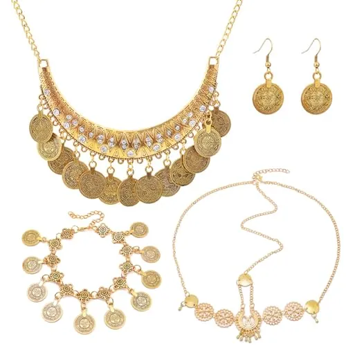 Hifot 4 Piezas Conjunto Collar y Pendientes Pulsera Diadema de Moneda, Conjuntos de Bisutería Bohemia Mujer, Collar de Moneda Étnico Danza Del Vientre Adivino