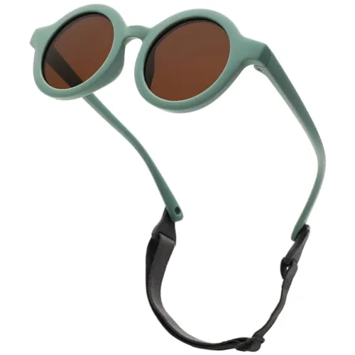 LOJUDI Gafas de Sol Bebe 0 a 36 Meses - Polarizadas con Correa Ajustable Redondas Marco de Silicona Oculos de Sol Bebe Niña Niño para 0-2 Años Protección UV400-Verde/Marrón