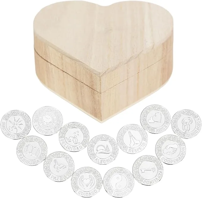 TINGKU Arras de Boda Catolica Set de monedas de boda - 13 monedas de unidad de plata para la ceremonia de boda católica, elegantes Recuerdos Para Boda con caja de madera en forma de corazón