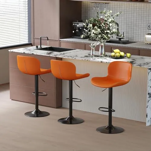 Youhauchair Taburetes Altos de Cocina Juego de 3, Taburete de Bar Regulable en Altura en Cuero PU, Taburete Alto con Respaldo y Reposapiés, Taburete Cocina Giratorio, Moderno, Naranja