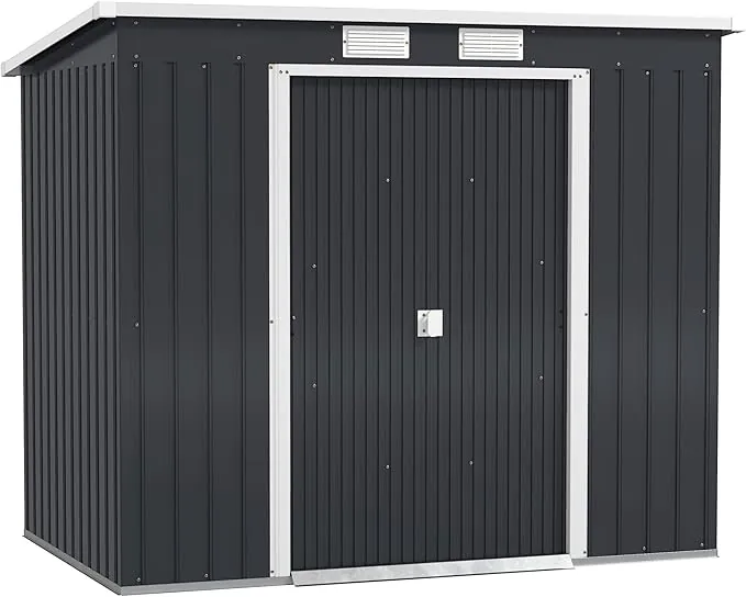 Outsunny Caseta de Jardín Exterior 2,4 m², 213x130x172 cm, Cobertizo de Jardín Exterior Metálico con Puerta Corredera, Techo Inclinado, Base Refuerzo (Suelo NO Incluido) y 2 Ventanas, Gris Oscuro