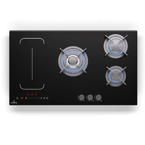 Klarstein MultiChef 5 Placa Mixta Gas Inducción - 5 Zonas, 2 Gas & 2 Inducción, 1Wok Flexzone, Control Deslizante, Stop&Go, Temporizador, 9.8Kw, Negro