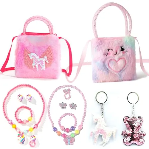 UJBVCX 14 Piezas Set Bolso y Joyería de Unicornio, Regalos de Unicornio Joyas Set Peluche Bolso Bandolera Collar Anillo Aretes Juego Joyas para Regalo de Fiesta de Cumpleaños