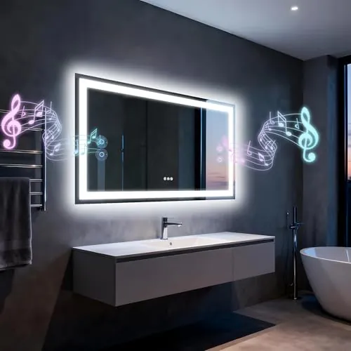Espejo de baño LED con luces120 x 70 cm, Altavoz Doble Bluetooth, antiniebla, 3 temperaturas de Color, Brillo Regulable, función de Memoria, Impermeable, Soporte de Pared, Vidrio