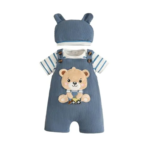 Eqenkely Ropa de Bebé Recién Nacidos Manga Corta a Rayas Mono Top+ Pantalones Cortos con Tirantes y Animales + Sombrero 3 Piezas Verano Conjuntos Oso 3-6 Meses