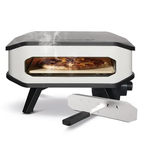 Cozze® Horno para pizza eléctrico de 13" con tapa frontal | 2200W | Control digital de temperatura | Piedra para pizza 34x34 cm | Exterior IPX4 | Blanco y negro