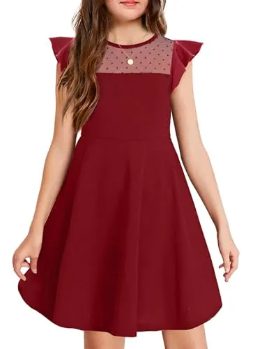 Arshiner Vestido de Fiesta para niñas de 11 a 12 años, Color Liso, Manga Larga, Malla Acampanada, línea A, Mini Patinador, Color Rojo Vino, 150