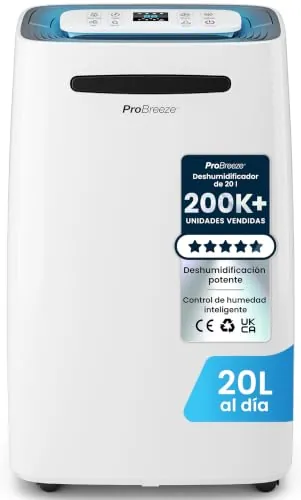 Pro Breeze Deshumidificador 20L Antihumedad, Deshumidificador Silencioso para Habitaciones hasta 30 m², Depósito Extraíble, Desagüe Continuo, 4 Modos, Temporizador 24 h, Seca la Ropa