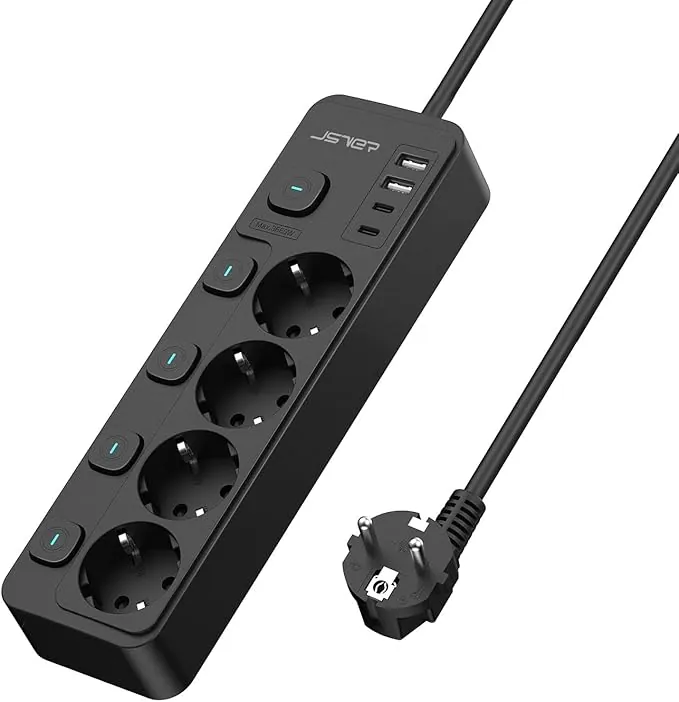 JSVER Regleta Enchufe USB de 4 Tomas con 4 Interruptor Individualcon, Regleta 4 USB Puertos(2 A,2 C) Alargadera Electrica para el hogar, la Oficina y los ViajesCable 2m-Negro
