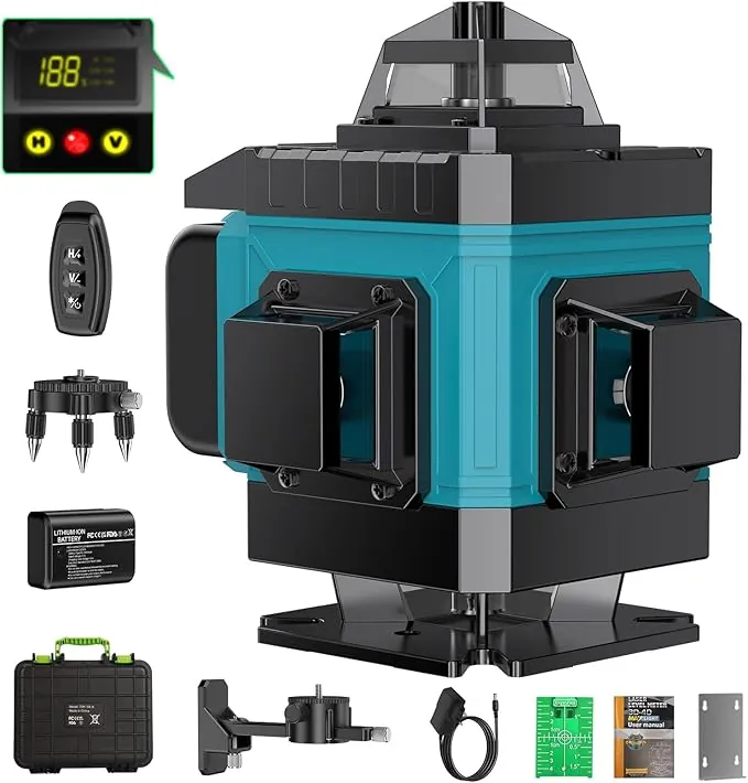 Nivel Laser Autonivelante 360 Grados, Nivel Láser Verde 16 Líneas, 2 x 360 Horizontal y 2 x 360 Verticales, 2 x Batería, Montaje en Pared, Control Remoto, Base Magnética, Soporte Giratorio