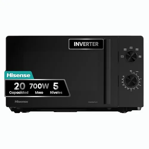 Hisense H20MOBP1HI - Microondas 20 Litros, 700W, Inverter Expert, Descongelación Rápida, Calentamiento Uniforme, Silencioso, Revestimiento Cerámico, Cristal Premium, Modo ECO, 5 Programas