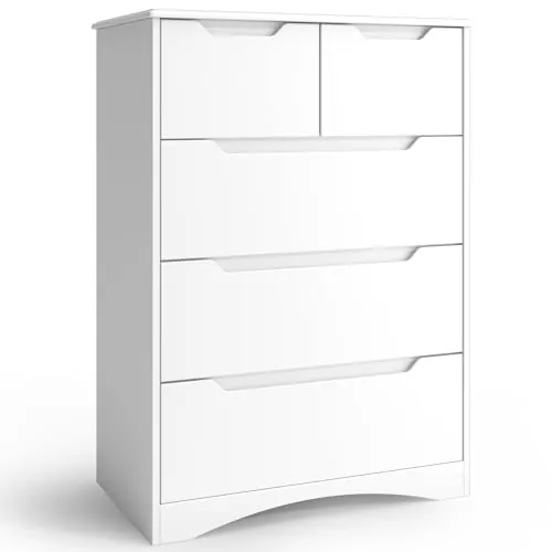 Blishom Cómoda con 5 Cajones, Cómoda para Dormitorio, Organizador Moderno, Mueble de Almacenamiento para Despacho, Salón, Pasillo, 72x41x94 cm (Blanco)