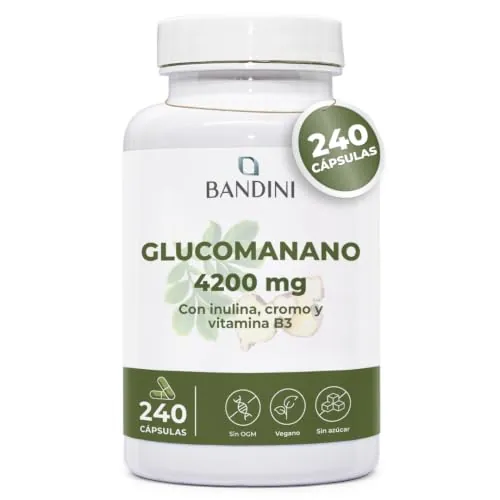 Bandini® Glucomanano Forte 4.200 mg por dosis diaria - 240 CÁPSULAS - | Con Cromo, Vitamina B3 e Inulina - Glucomannan a partir de fibra vegetal de raíz de Konjac - Suplemento de alta dosis
