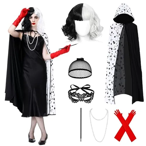 Charmofun 7 Piezas Disfraz Cruella Devil Mujer, Cruella de Vil Disfraz con Collar Peluca Guantes, Traje Halloween Mujer para Carnaval, Fiesta de Disfraces y Cosplay