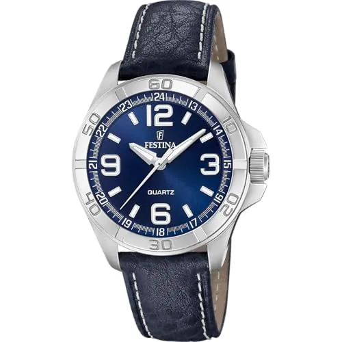 Festina Reloj Hombre Analógico de Cuero Azul - Movimiento de Cuarzo - Cristal Mineral de Alta Resistencia - Resistente al Agua 5 ATM Elegante F20444/2 Special Prices
