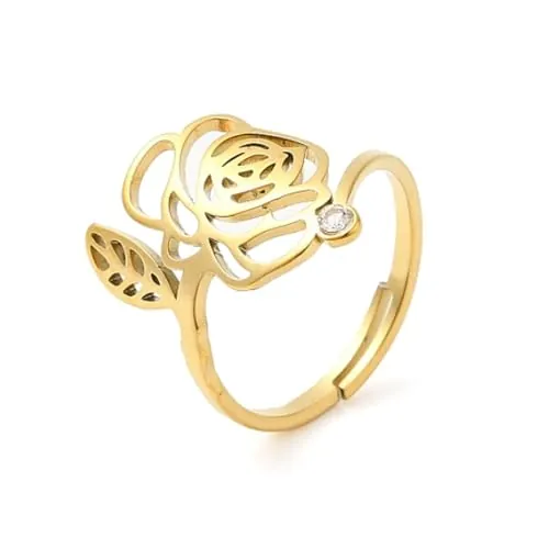Simboliks Anillo Rosa Acero Inoxidable dorado con Circonita, Anillo Ajustable, Regalo Mujer Día de Sant Jordi, Diada Catalunya, Día de los Enamorados, T'estimo, Te Quiero, Joyería