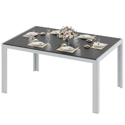 LIFERUN Mesa de jardín grande resistente a la intemperie, 140 x 90 x 75 cm, mesa de aluminio para terraza con tablero de WPC, mesa de comedor rectangular para 6 personas, estable jardín, terraza
