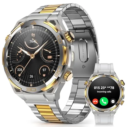 IOWODO Reloj Inteligente Hombre con GPS, Smartwatch 1.43" AMOLED con Llamadas Bluetooth, Chapado 14K, Linterna y Brújula, 20 Días Batería, Monitor Salud, 327 Esferas,100+ Deportes, IP68, 2 Correas