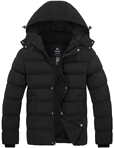 Wantdo Abrigos Cálido Invierno Abrigo Forro Polar Grueso Hombre Negro L | Gruesa,Militar,Ligera,Entretiempo,Acolchada,Caliente,con Capucha,Cuello Alto,Rompevientos,Impermeable,Frío Intenso,Senderismo
