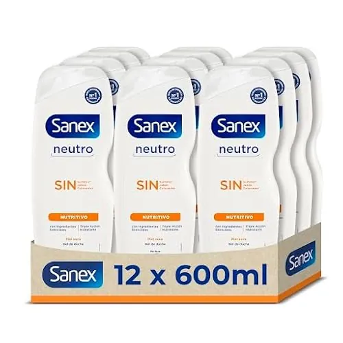 Sanex Gel de Ducha Neutro Nutritivo 600 ml, Pack 12, ingredientes esenciales, 0% sulfatos*, 0% jabón y 0% colorantes, gel de ducha para piel seca, hidratación duradera, tecnología triple acción