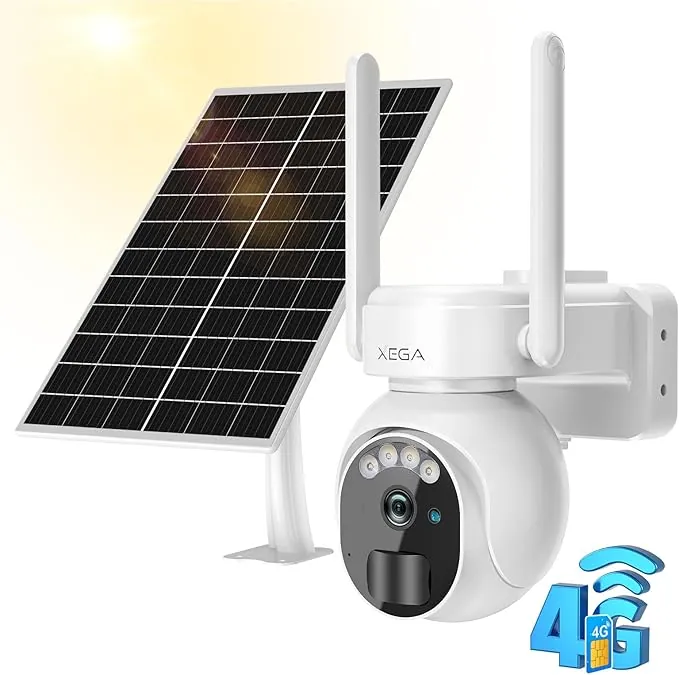 Xega 4G LTE Cámara Vigilancia Exterior con Tarjeta SIM 2K HD Cámara de Seguridad Solar Inalámbrica con Batería PTZ 355°/90° Visión Nocturna Detección De Movimiento Audio Bidireccional