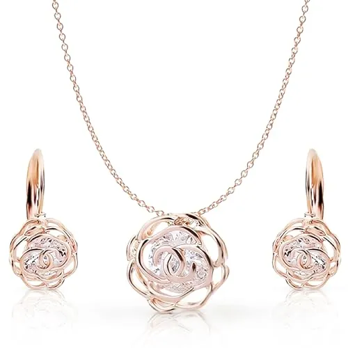 Crystalline Azuria Mujer 18ct Chapado en Oro Rosa Flores Rosas Cristales Juego de joyas Collar Pendientes para Mujer Niña Boda Novia y Dama de honor