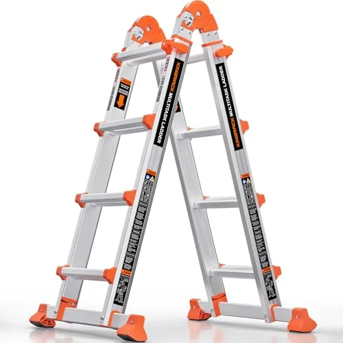 KINGRACK - Escalera, Escalera de extensión de 4 peldaños en A, escalera multiposición antideslizante de 11.4 pies con barra estabilizadora, escalera telescópica de aluminio de 330 libras de carga de