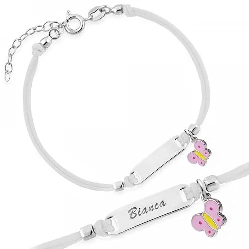 Sakrami Pulsera Plata 925 Bebé Cordón Blanco Mariposa Rosa Placa Grabable Colección Kids + Caja de Regalo Personalizada - Pulsera de Nacimiento Comunión o Bautismo