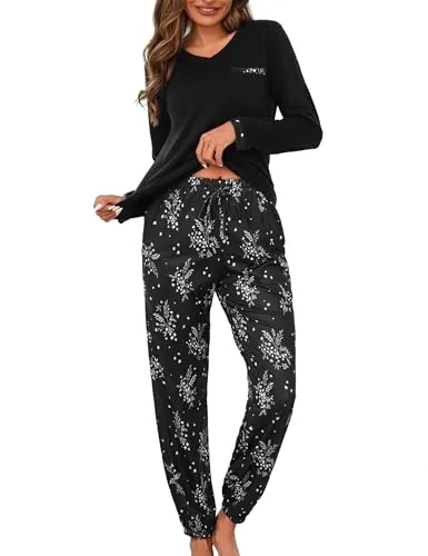 Jahetuul Pijama Largo Mujer Invierno 2 Piezas Cuello V Manga Larga | Este pijama de algodón incluye camiseta de manga larga con cuello V y pantalón largo con bolsillos para noches frías