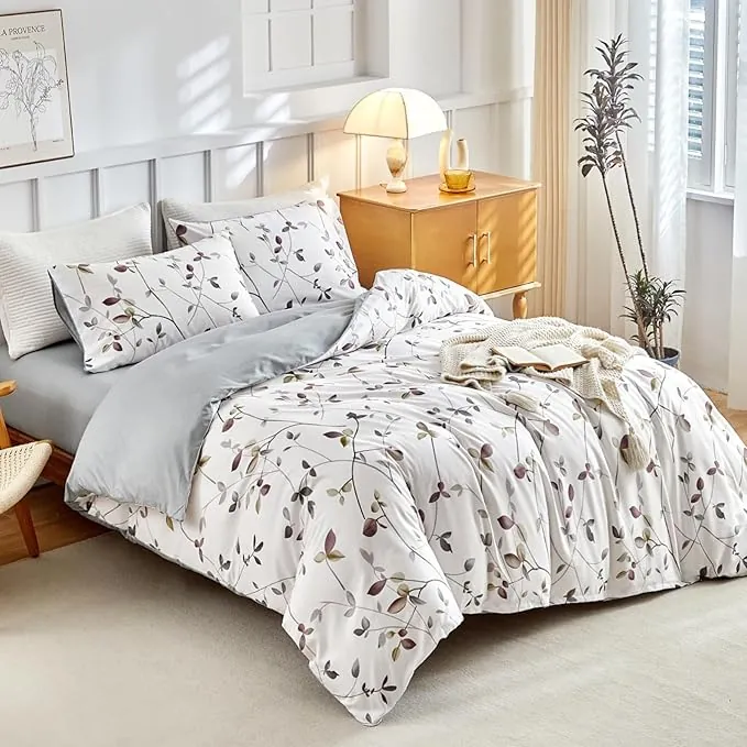 Tokokimo Funda Nórdica Cama 135/150 de 4 Piezas, Funda Nordica 220x240 con 2 Fundas de Almohada 50x75 y Bajera Ajustable 150x200+35, Ramas y Hojas Patrón Microfibra, Blanco/Gris