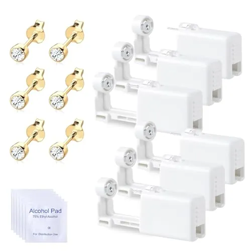 Voarge 6 Pieza Oreja Piercing Gun, desechables estériles de seguridad de la oreja de la nariz Piercing Gun Kit indoloro Auto-Perforación Herramienta(Oro transparente 4mm)