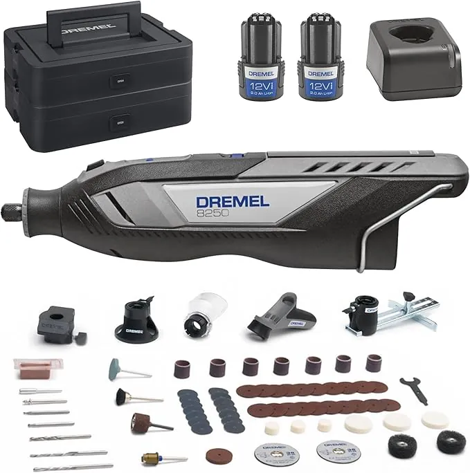 Dremel 8250 Herramienta rotativa sin cable 12V sin escobillas 5.000-30.000 RPM Kit con caja Dremel, 65 accesorios, 5 adaptadores 2 batería+cargador para amolar, taladrar, fresar, eliminar lechada
