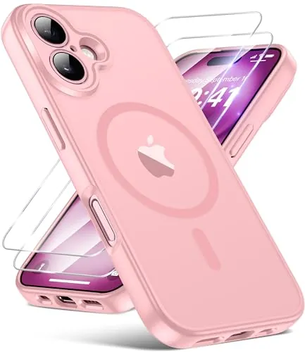 FLLAO Funda para iPhone 16, Compatible MagSafe, con 2 Piezas Protector de Pantalla Cristal Templado, [Protección de Cámara] Magnética Carcasa Translúcida Mate Trasera Fina Antigolpes, Rosa