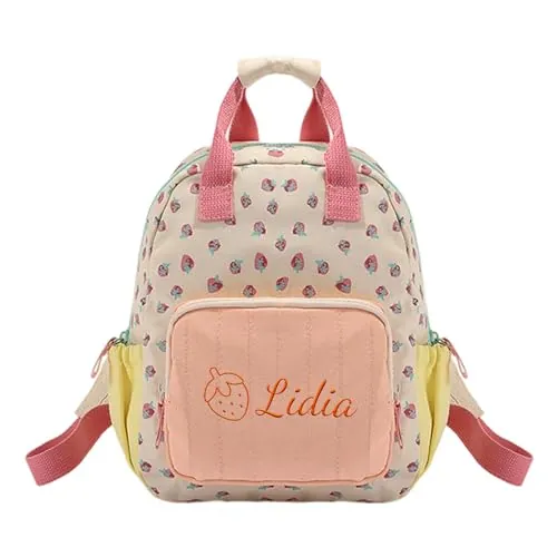 Genérico Mochila Niña Personalizada Con Nombre Bordado, Mini Mochila Infantil 23x28cm, Mochila Bebe Con Diseño Fresa Para Niñitas (1-5 Años)