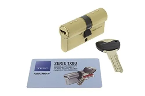 Tesa Assa Abloy, TX853535L, Cilindro de Alta Seguridad, TX80, Doble Embrague, Leva Larga, Llave - Llave, Latonado, 35 x 35 mm