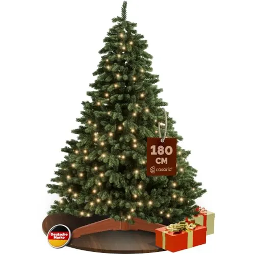 CASARIA Árbol Navidad Artificial Premium 180cm con Luces Base Madera FSC | PVC Reutilizable, Ramas Frondosas Flexibles, Aspecto Realista, Montaje Fácil, Difícil Inflamabilidad, Abeto Verde, Salón