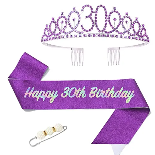 POPOYU Banda y tiara de reina de 30 cumpleaños, corona y banda moradas para ella, decoraciones de cumpleaños 30 para mujer, accesorios de fiesta, juego de disfraz de corona de cumpleaños para mujer