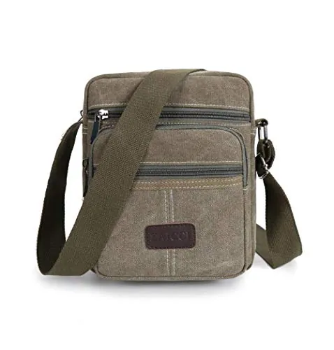 Bolso Bandolera de Lona para Hombre, Bolsa de Honda Bandolera Bolsillos múltiples Gran Capacidad con Bolsillos Finos con Cremallera (Verde Militar)