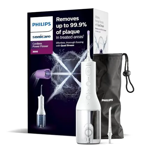 Philips Sonicare Irrigador oral Power Flosser 3000 sin cable con tecnología Quad Stream y Pulse Wave, HX3826/31, Negro, 3000, Blanco