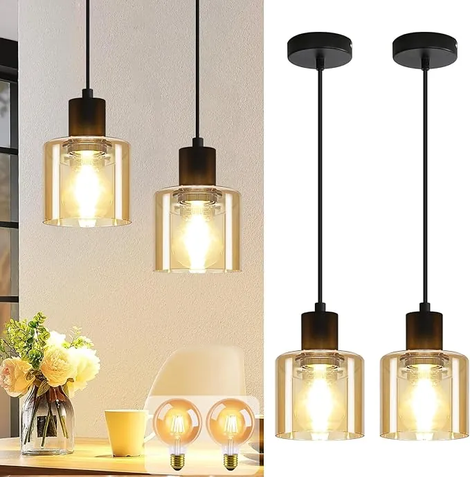 ZMH Lámpara colgante LED para mesa de comedor, paquete de 2, lámpara colgante vintage E27, de 1 llama para comedor, industrial retro para cocina y sala de estar, 2 bombillas G80 incluidas