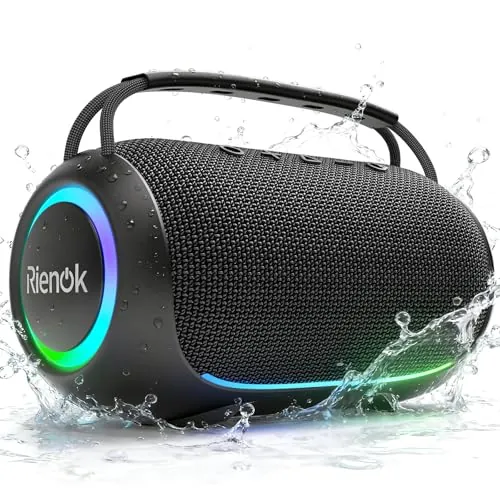 RIENOK Altavoz Bluetooth Potente 80W Portátil 30H Impermeable IPX7 con Luces RGB Bluetooth 5.3 Inalámbrica Emparejamiento Estéreo Apoya 128G Tarjeta TF, AUX, Memoria USB