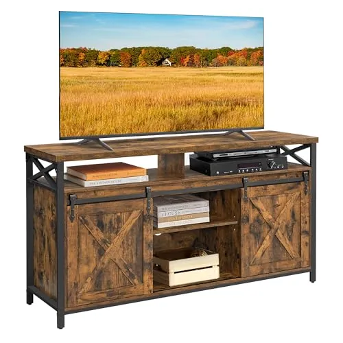 VASAGLE Mueble para TV, Soporte para TV de 65 Pulgadas, con Estantes Ajustables, Puertas de Granero, Diseño de Granja, Marco de Metal, Marrón Rústico y Negro LTV071B01V1