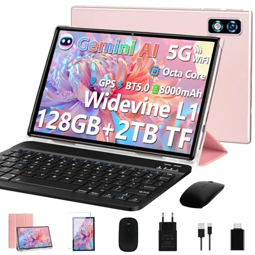 2026 Último Tablet 10 Pulgadas Android Gemini AI, 22GB+128GB/TF 1TB, Batería 8000mAh, 5+8MP, Octa-Core 2.0GHz, 5G WiFi, Bluetooth5.0, Widevine L1, GPS, GMS, Tablet con Funda, Teclado y Ratón - Dorado