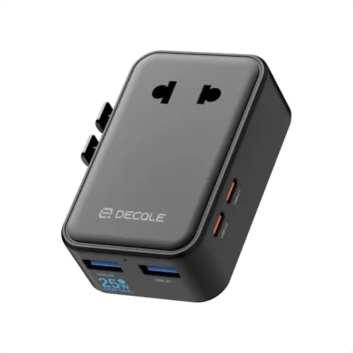 decqle “Air” Adaptador Enchufe Universal con 2 USB-C(PD 25W) ＆ 2 USB-A | Adaptador de Viaje, NO Un Convertidor de Tensión, para EU, Reino Unido, Americano, Canadá, Australia & 200+ País (Negro)