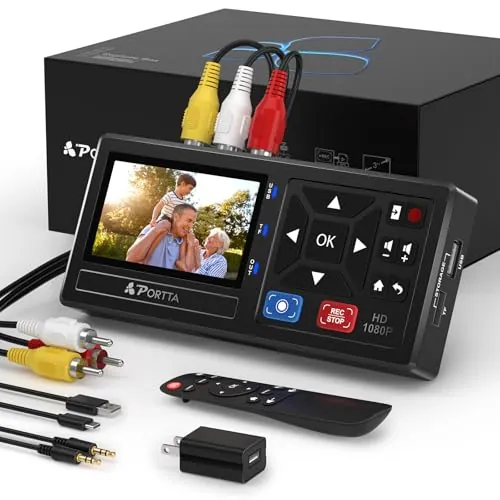 Portta VHS to Digital Convertidor, VHS a Digital Grabador con Remote, RCA to HDMI Converter Compatible con VHS, VCR, DVR, DVD, Hi8, Mini DV, Camcorder, Cassette Tape, Gaming Consoles